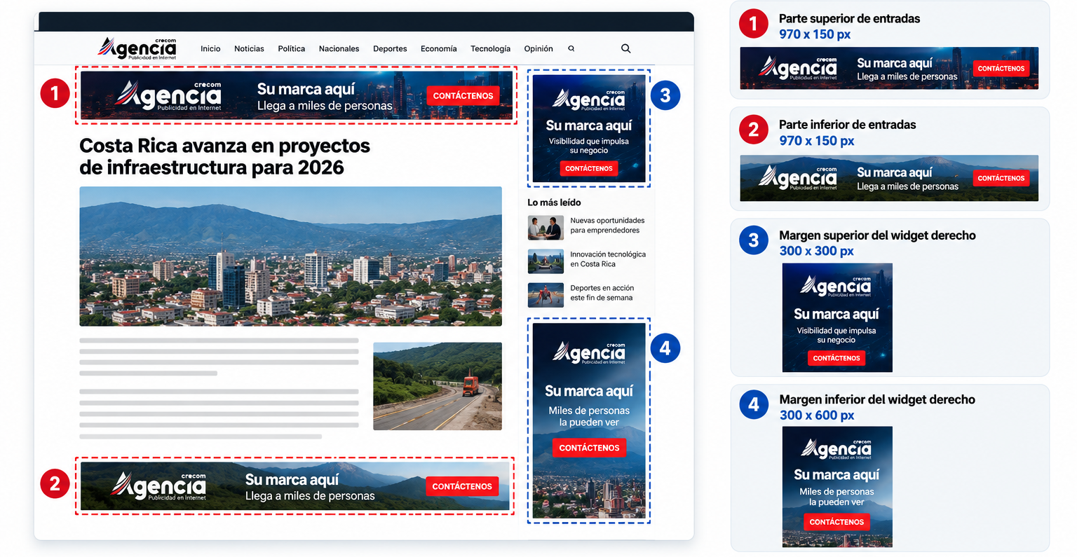 Ubicaciones y tamaños disponibles para Banner Web